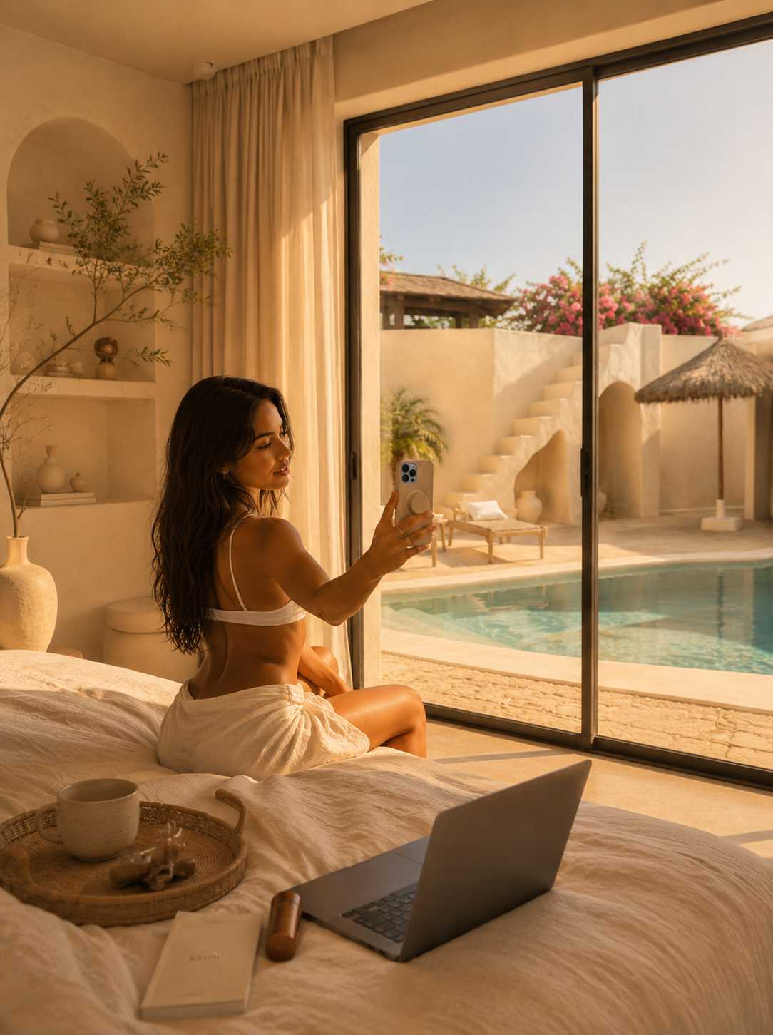 A creator making content from a sunlit bedroom